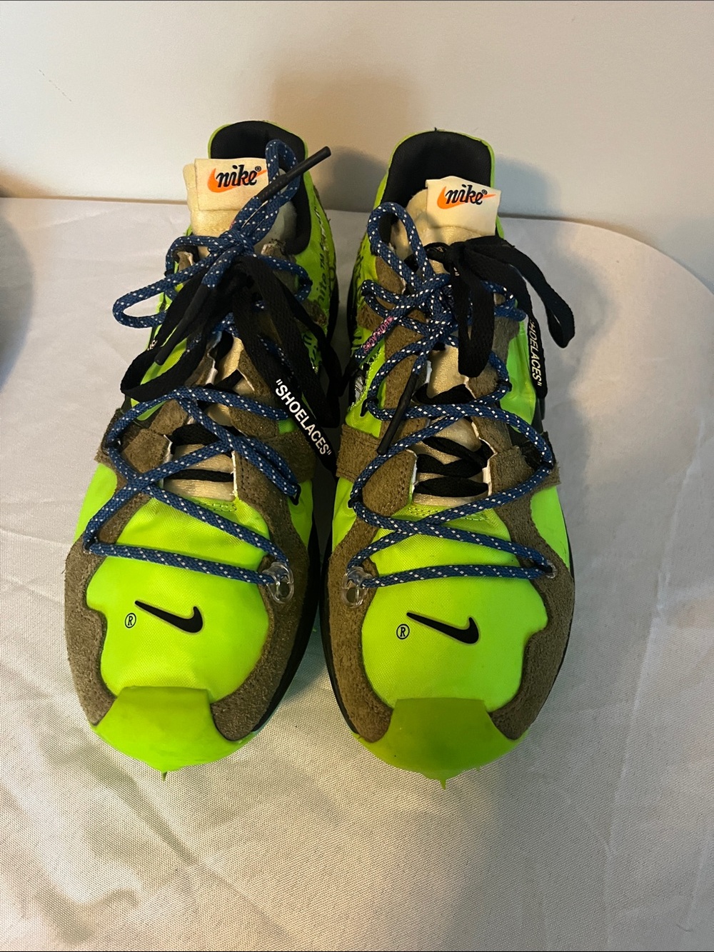 Nike white x zoom  Neon Green and Olive Trail Sneakers with Blue Laces